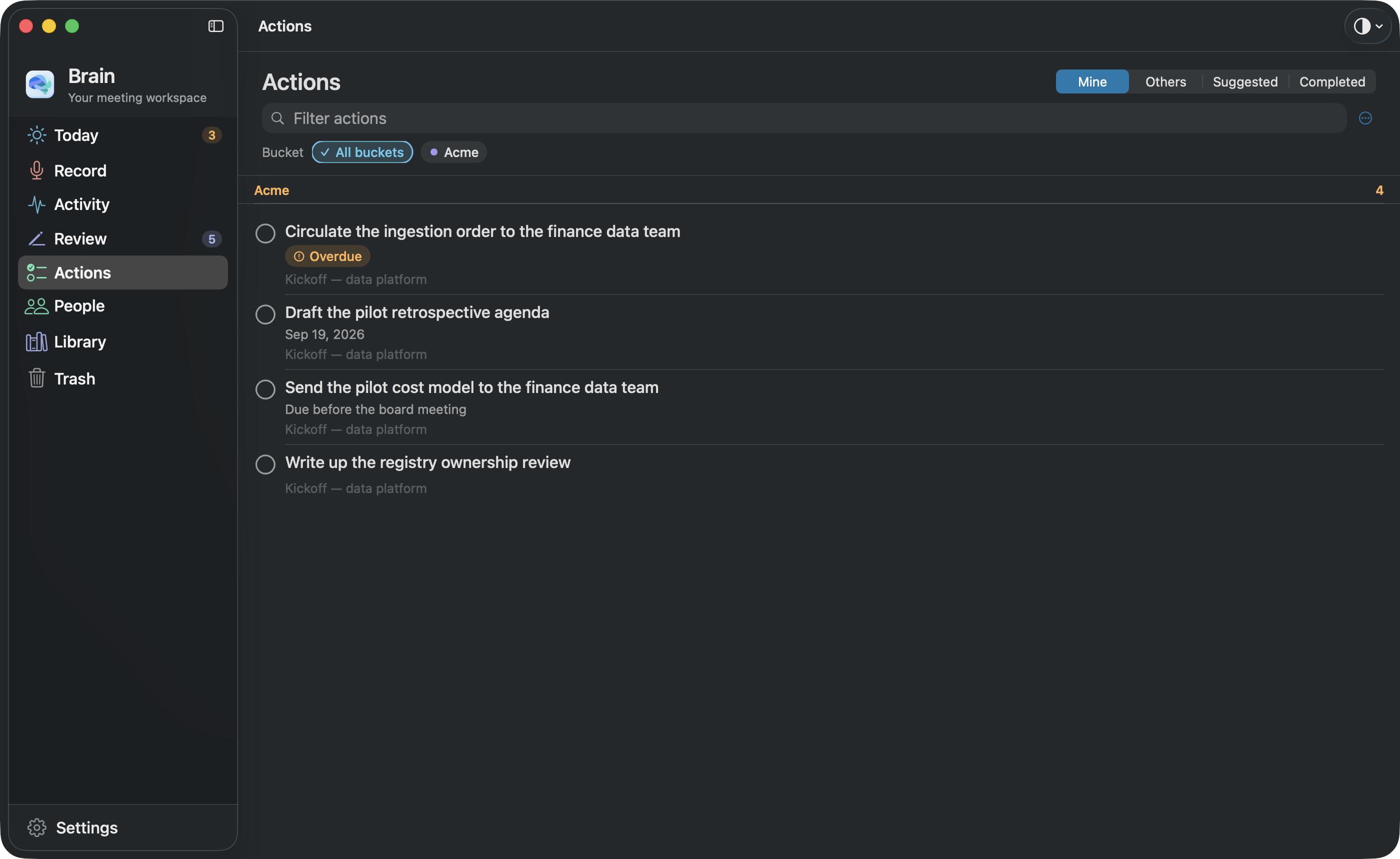 The actual Mac Actions list: the to-dos filed from a sample meeting, with a due date and an overdue item.