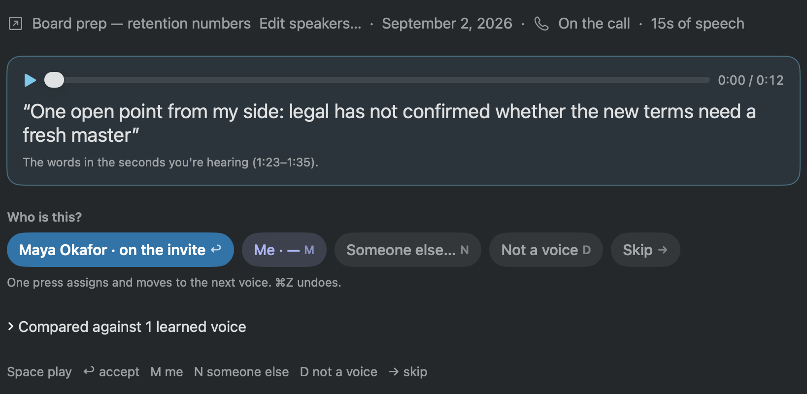 Voice review in Brain for Mac: the sample player, the quoted words, and the Maya Okafor, Me, Someone else, Not a voice, and Skip choices.