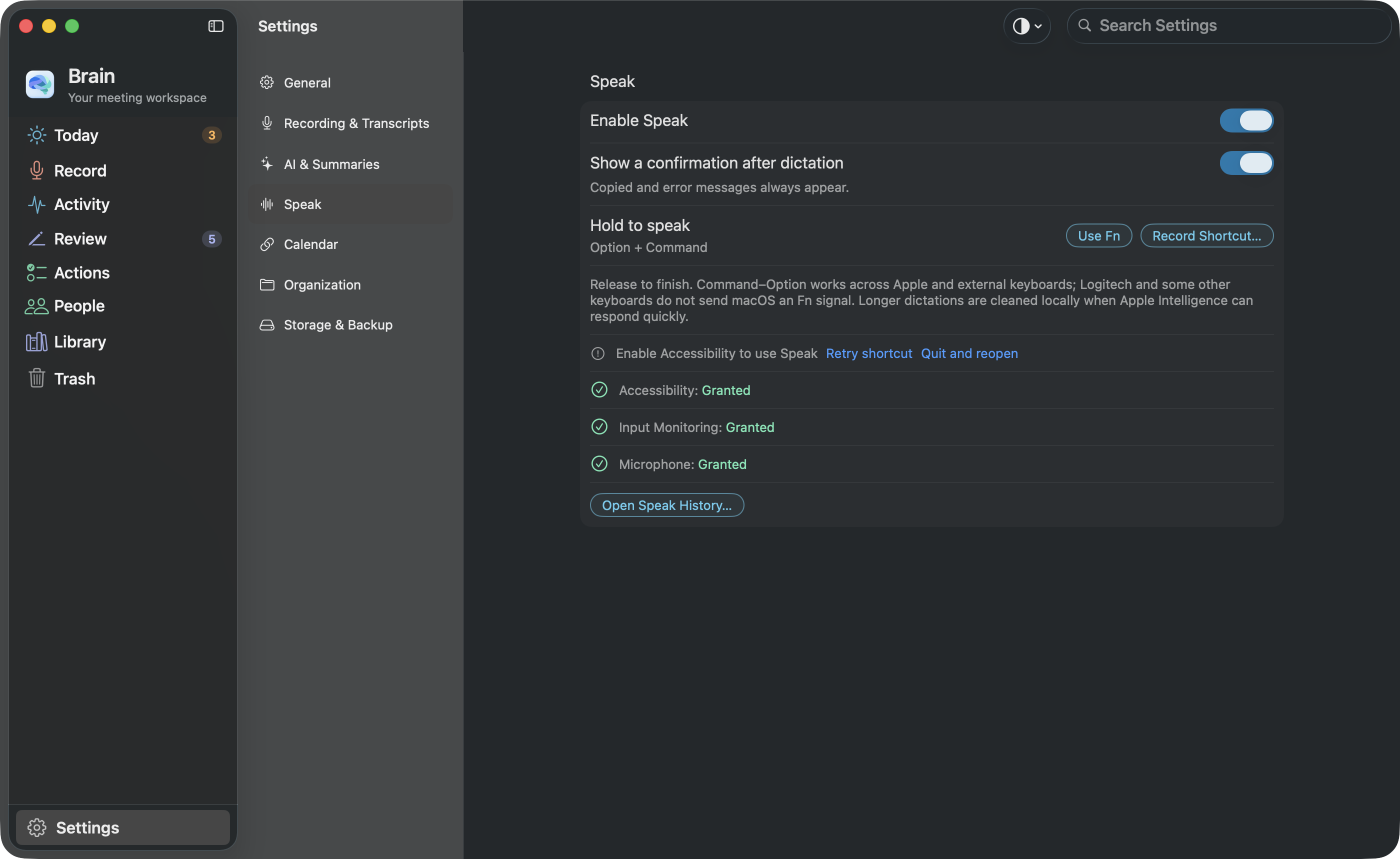 The actual Mac Settings › Speak screen, with the Enable Speak switch, the confirmation option, the Hold to speak shortcut, and its permissions.