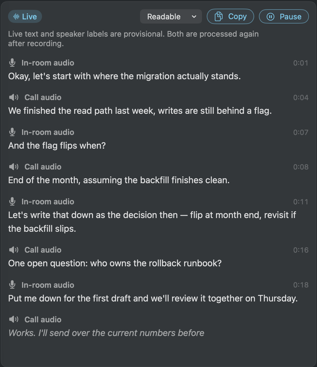 A readable detail of Brain’s actual Mac live transcript, with in-room and call audio labels and timestamps.