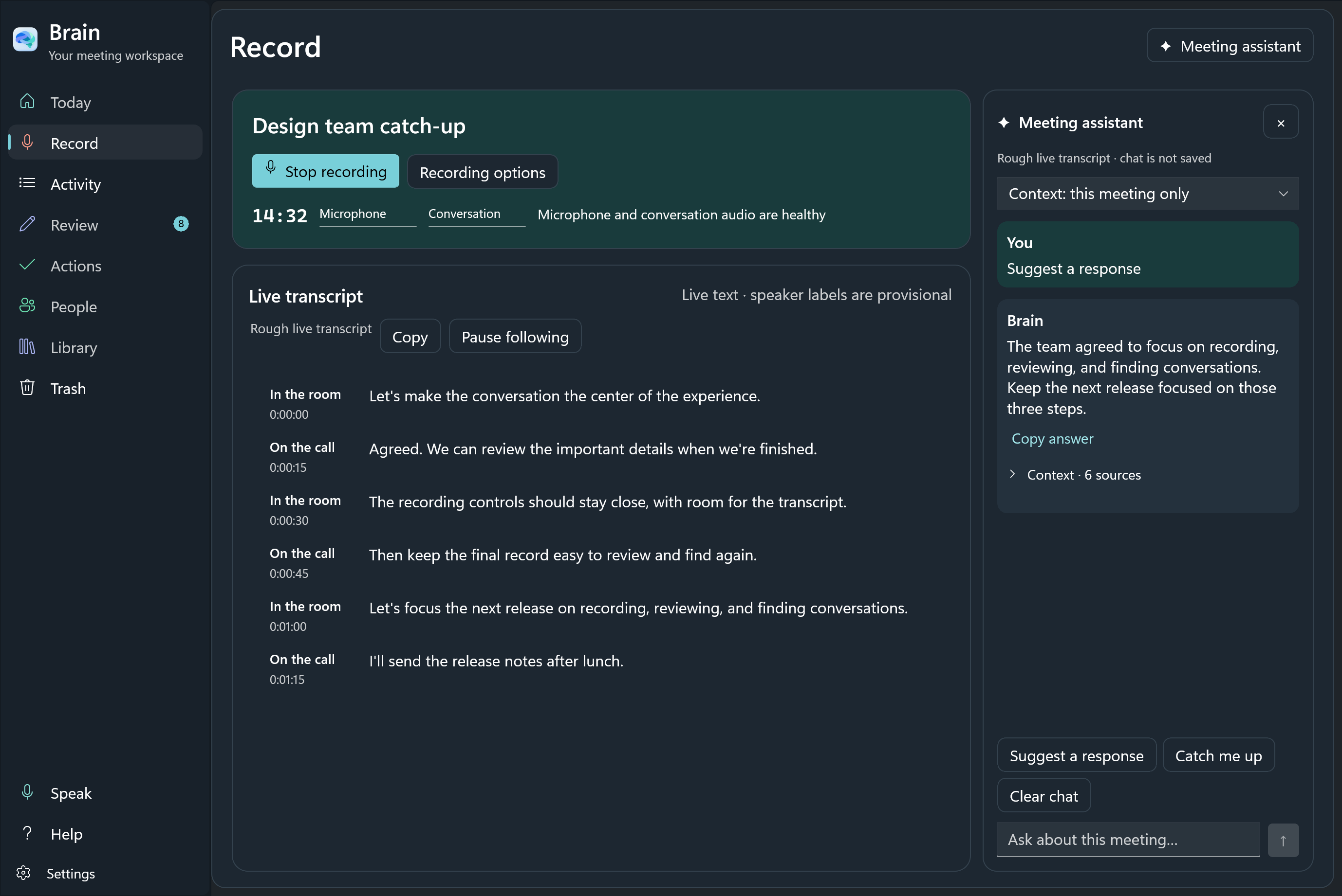 The actual Brain Windows app: a live transcript beside the meeting assistant, with sample content.