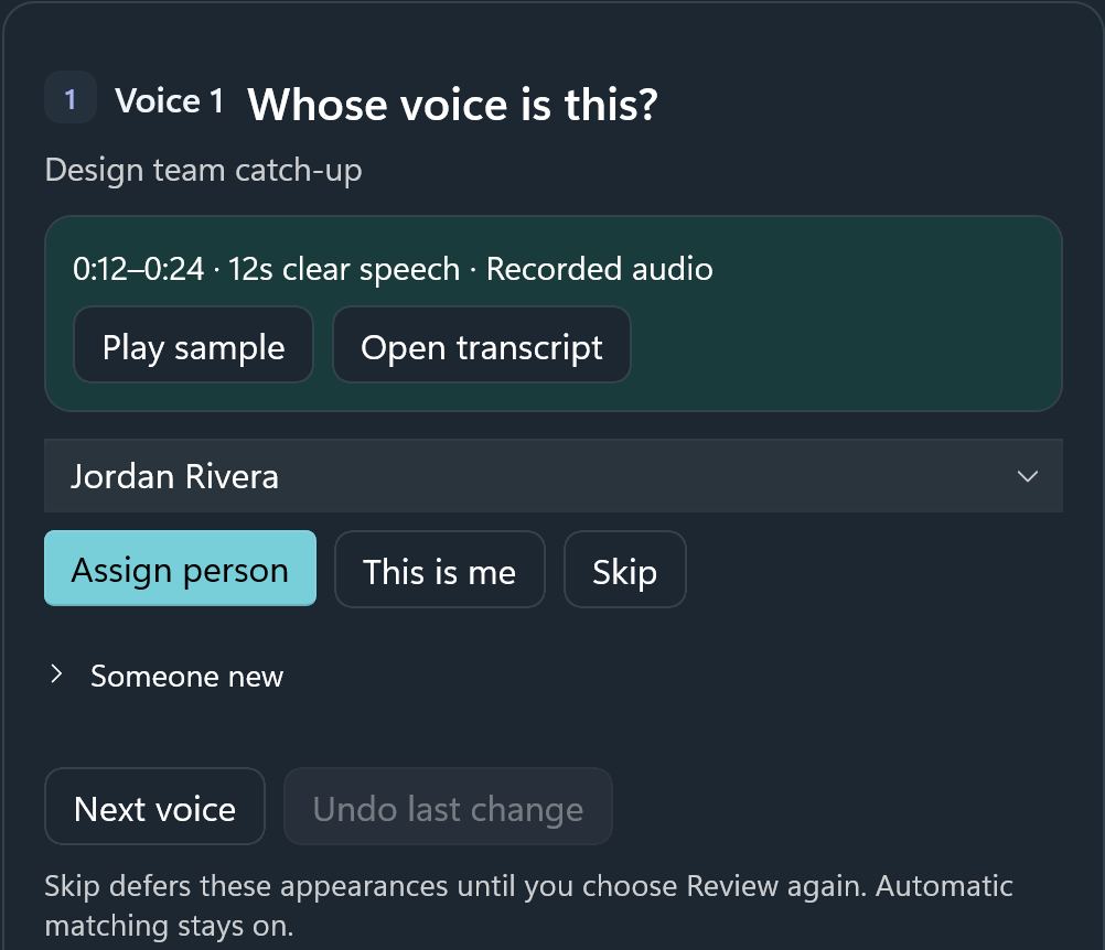 Voice review in Brain for Windows, showing the sample it checked, with Assign person, This is me, and Skip.