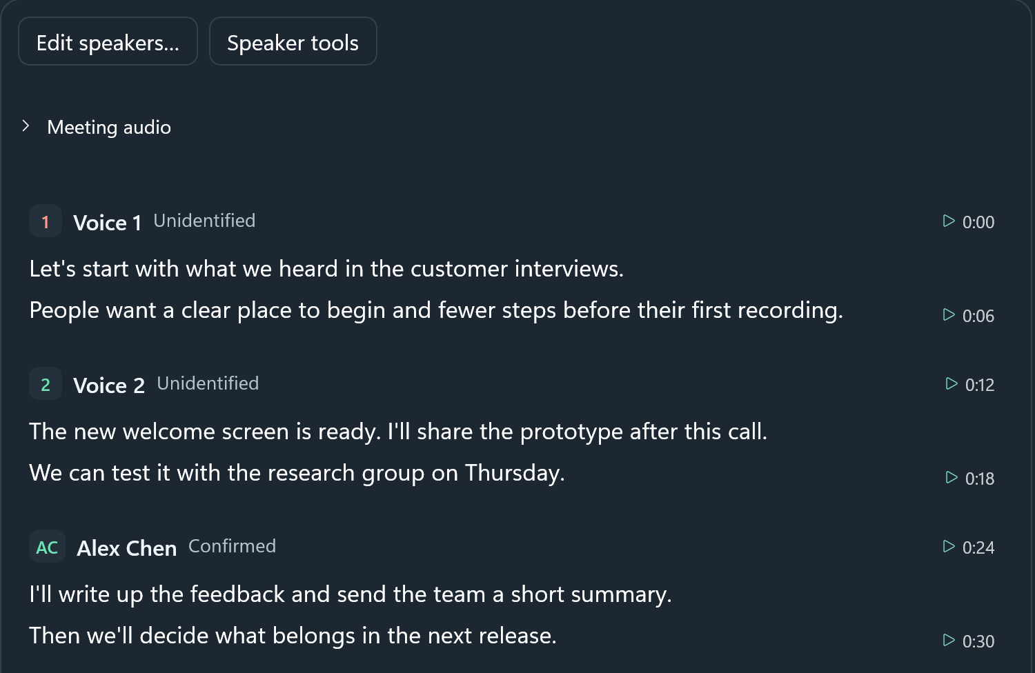Brain’s saved Windows transcript with distinct voice labels, speaker turns, and passage playback controls.