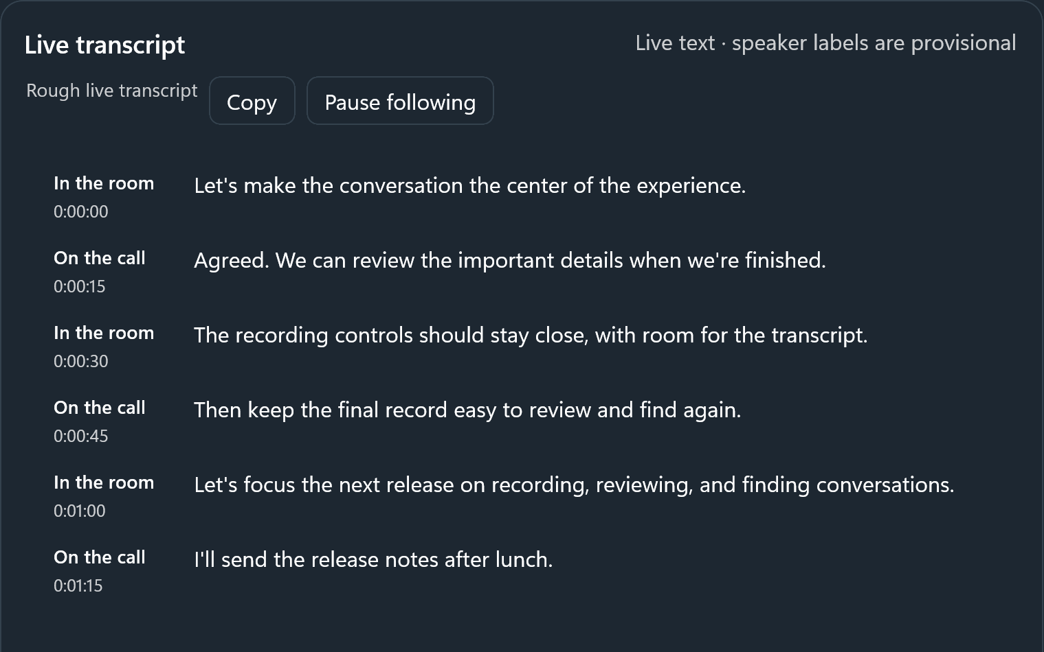 A readable detail of Brain’s actual live transcript, with its speaker labels and timestamps.